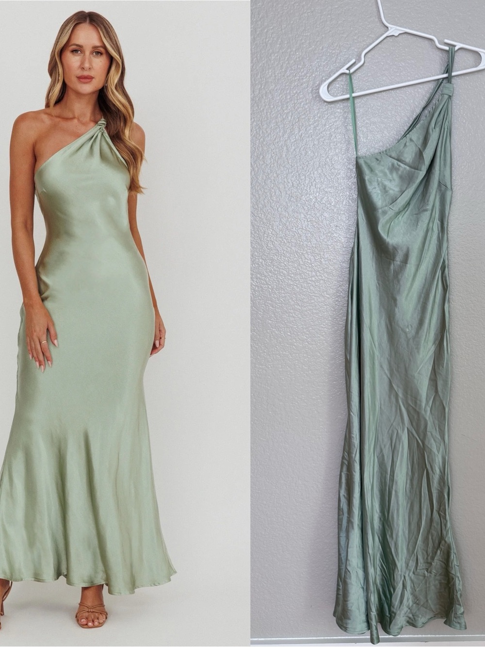 Saints Secrets Emmaline One-Shoulder Open Back Satin Maxi Dress Sage Green